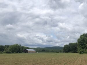 image of field, oceanic sky and barn